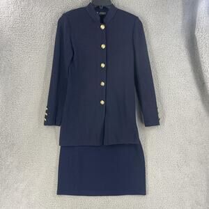St John Basics Skirt Suit Womens 6 Navy Blue Santana Knit Jacket Skirt Set USA